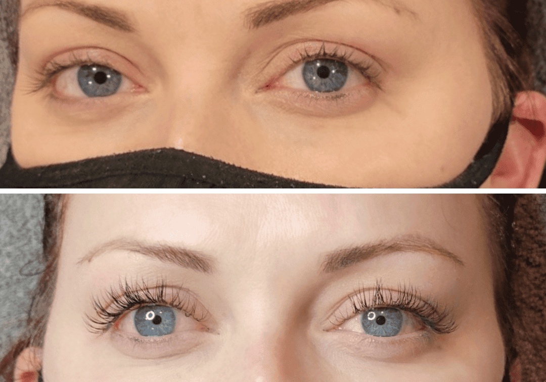 Before and after eyelash lift with subtle brows